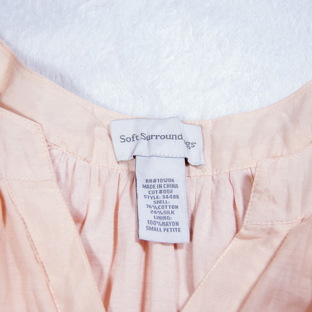 Soft Surroundings Blouse Top Blush Pink 3/4 Sleeve Ruffle Silk Small P Petite - Picture 3 of 12